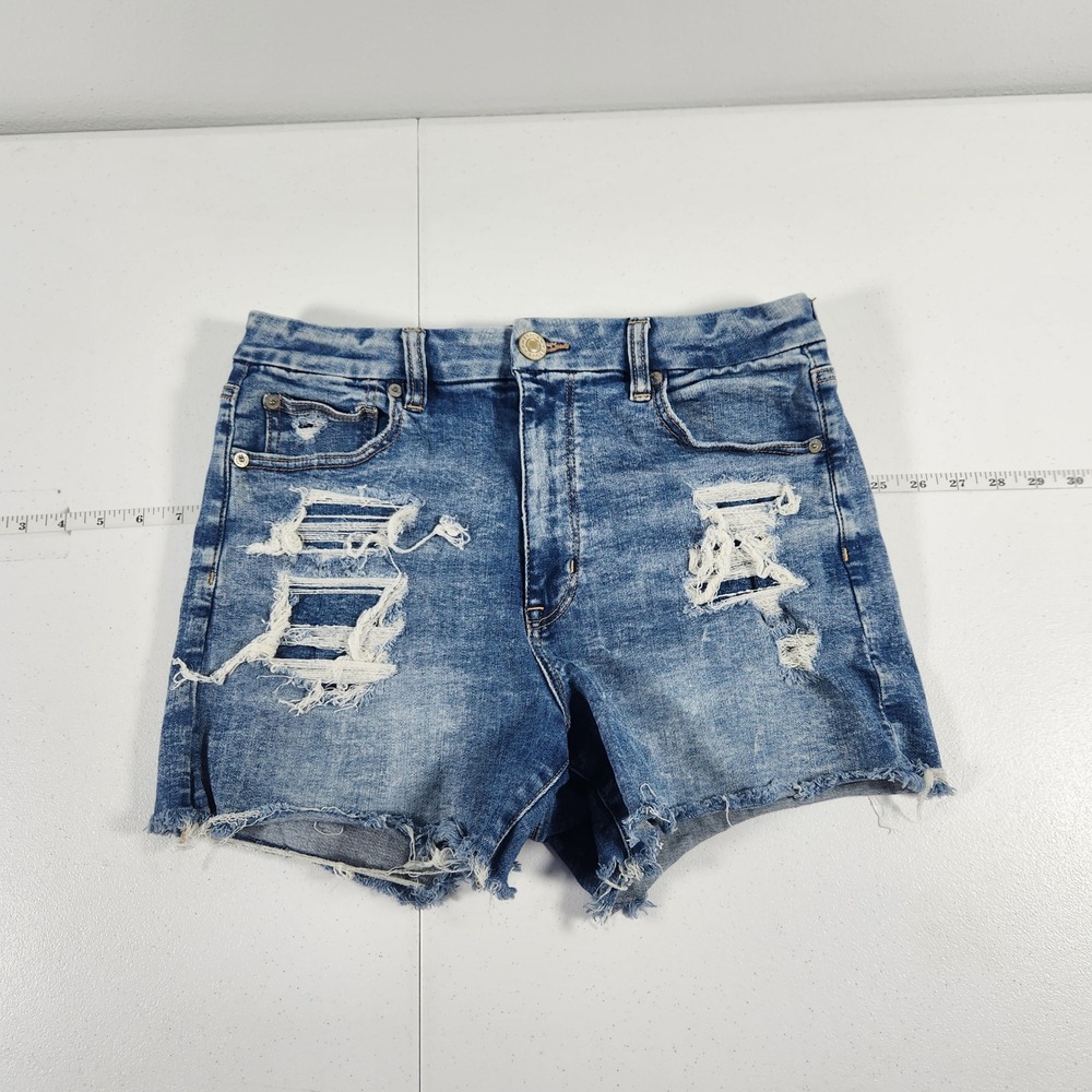 American Eagle Curvy Hi-Rise Shortie Distressed Denim Shorts‎ Blue Women 8